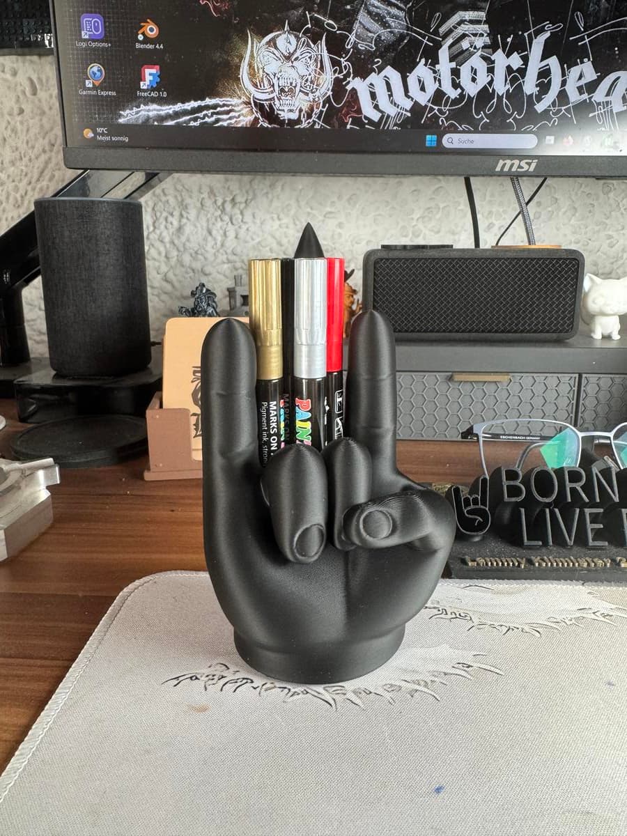 Porta-canetas Heavy Metal vista traseira mostrando abertura para canetas