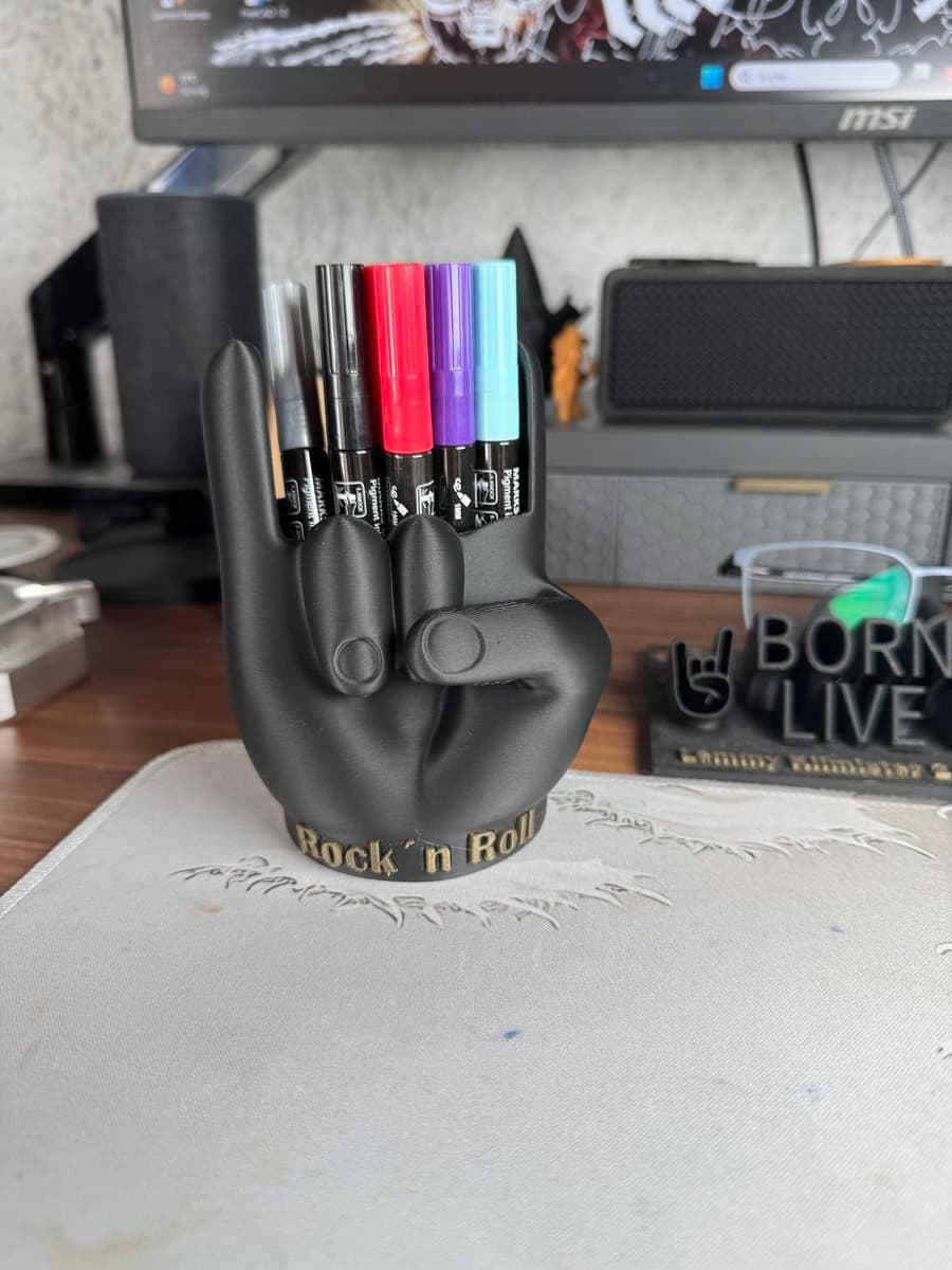 Porta-canetas Rock'n'Roll vista traseira mostrando abertura para canetas