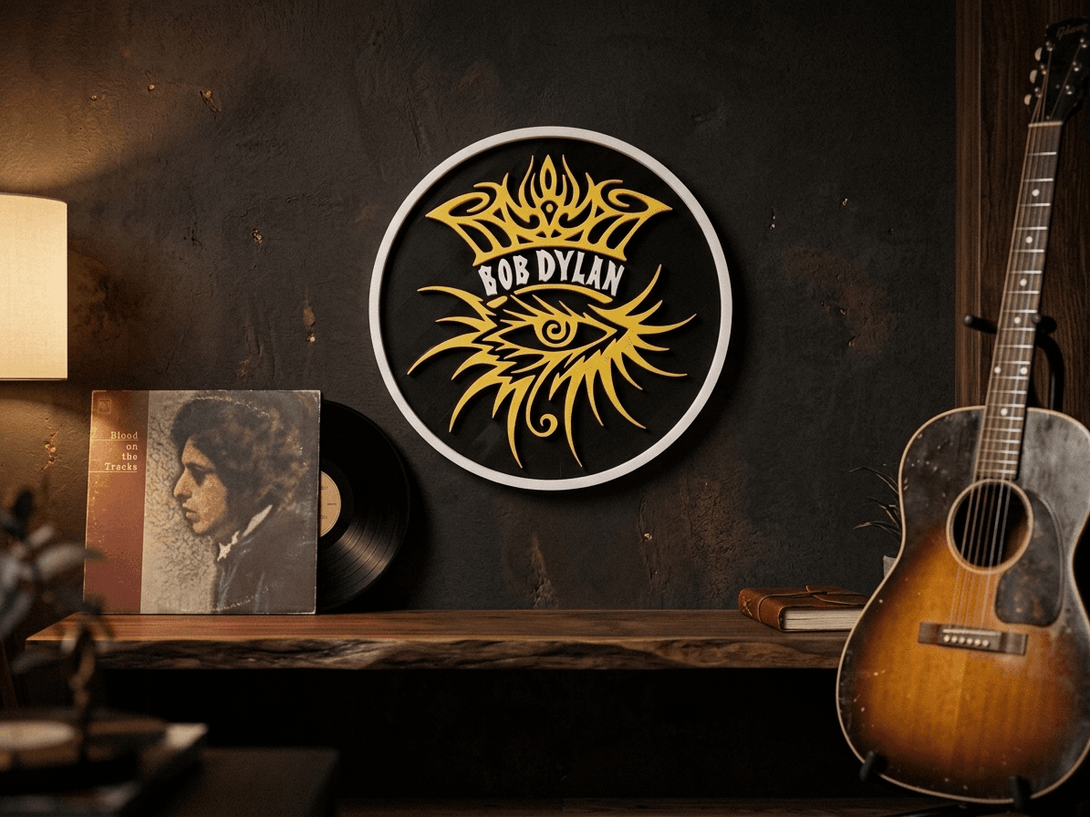 Placa Bob Dylan montada na parede ao lado de disco de vinil e violão