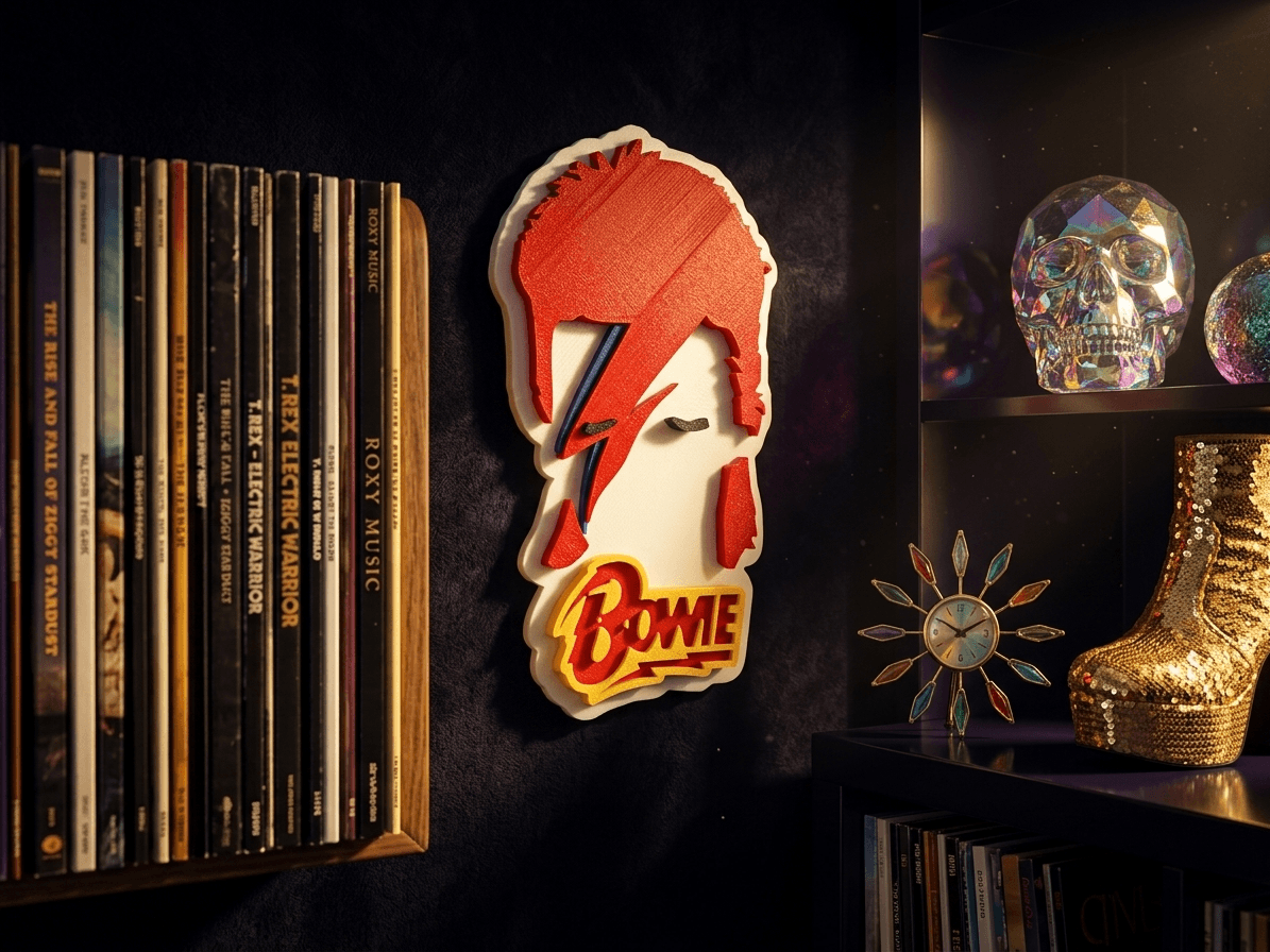 Placa David Bowie na parede com decoração glam