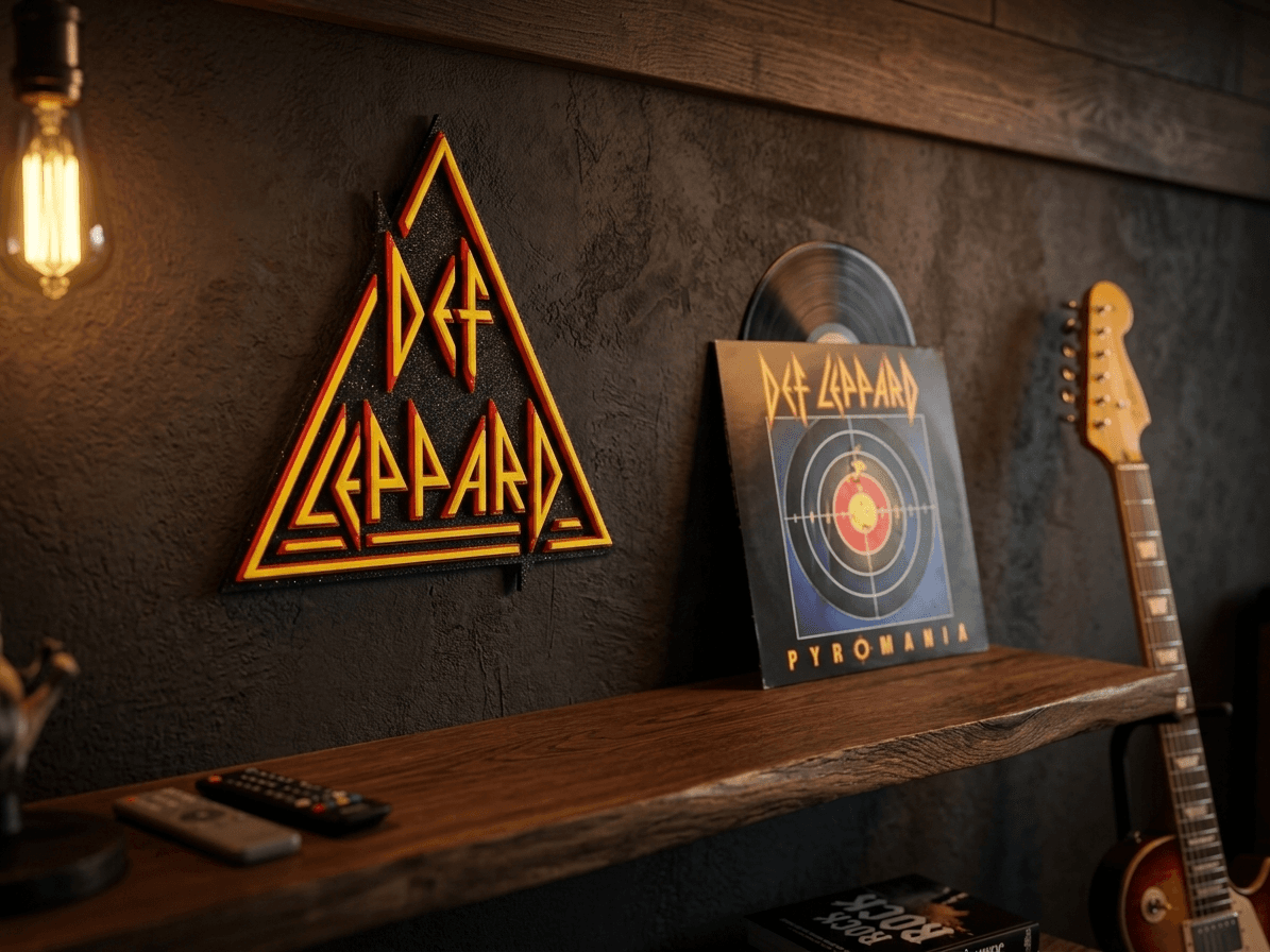 Placa Def Leppard montada na parede ao lado de disco de vinil e guitarra