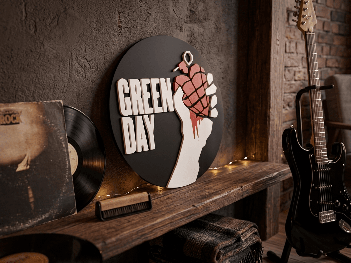 Placa Green Day montada na parede ao lado de guitarra e disco de vinil