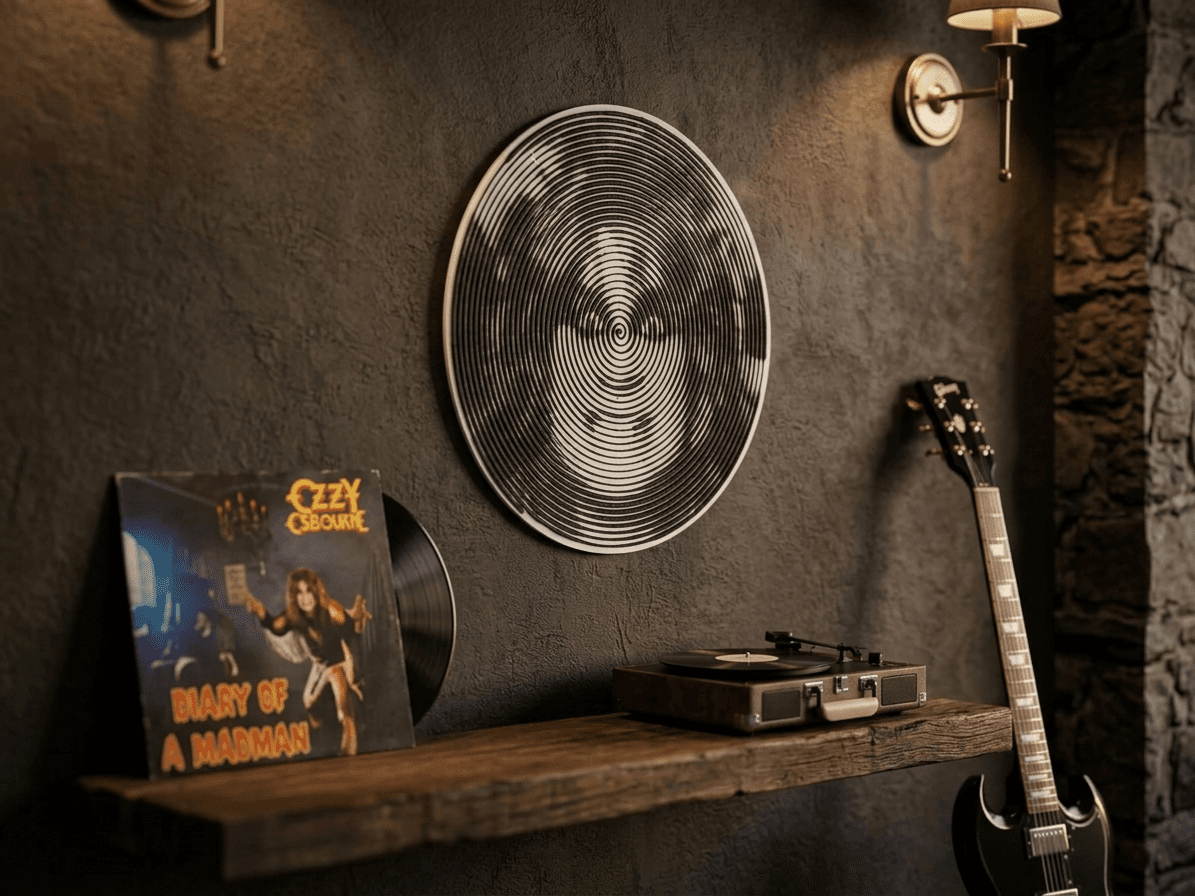 Roqueiro halftone montado na parede ao lado de disco de vinil e guitarra