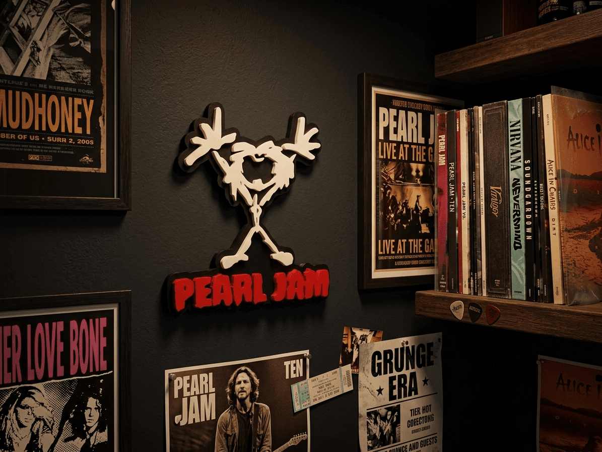 Placa Pearl Jam na parede com discos de vinil