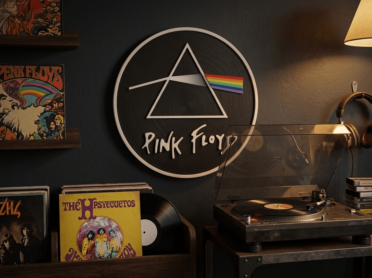 Placa Pink Floyd na parede com discos de vinil
