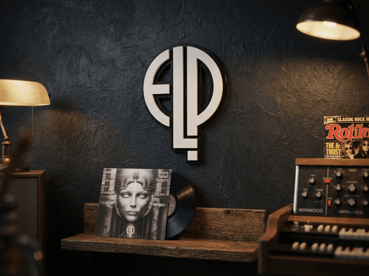 Placa Trio Progressivo montada na parede ao lado de disco de vinil e sintetizador