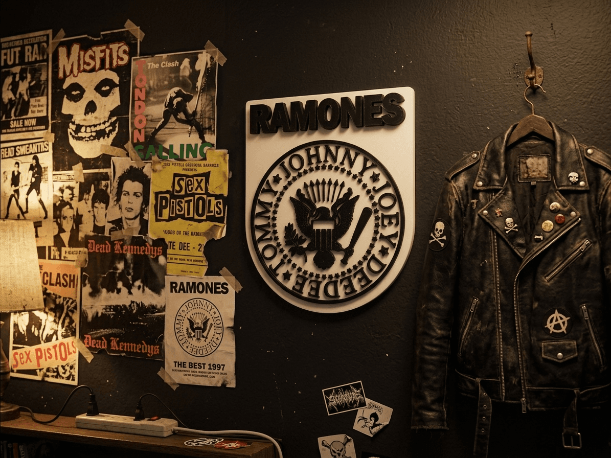 Placa Ramones na parede com posters punk