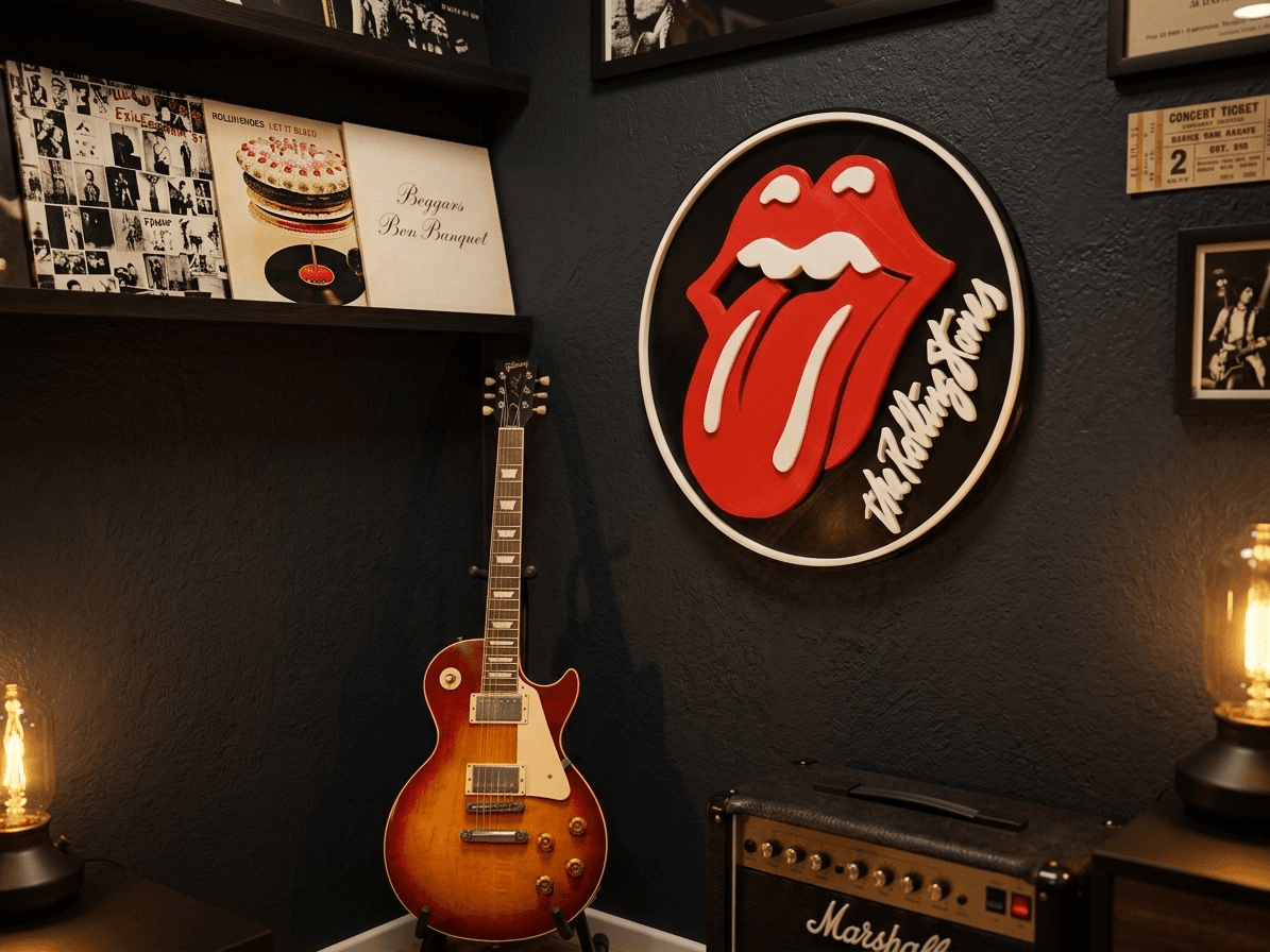 Placa Rolling Stones na parede com discos de vinil