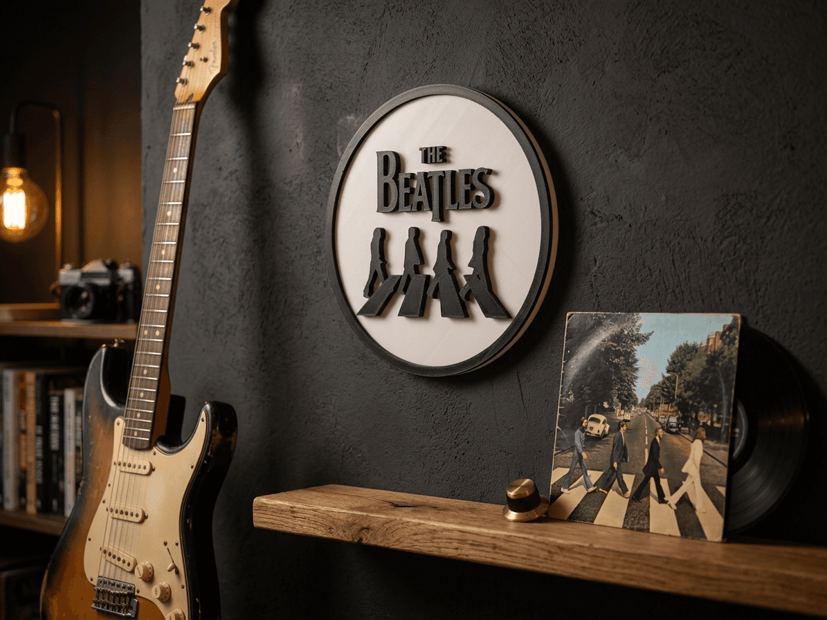 Placa The Beatles Abbey Road montada na parede ao lado de disco de vinil e guitarra
