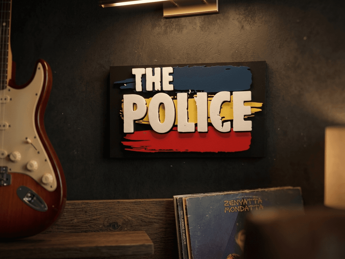 Placa The Police montada na parede ao lado de disco de vinil e guitarra
