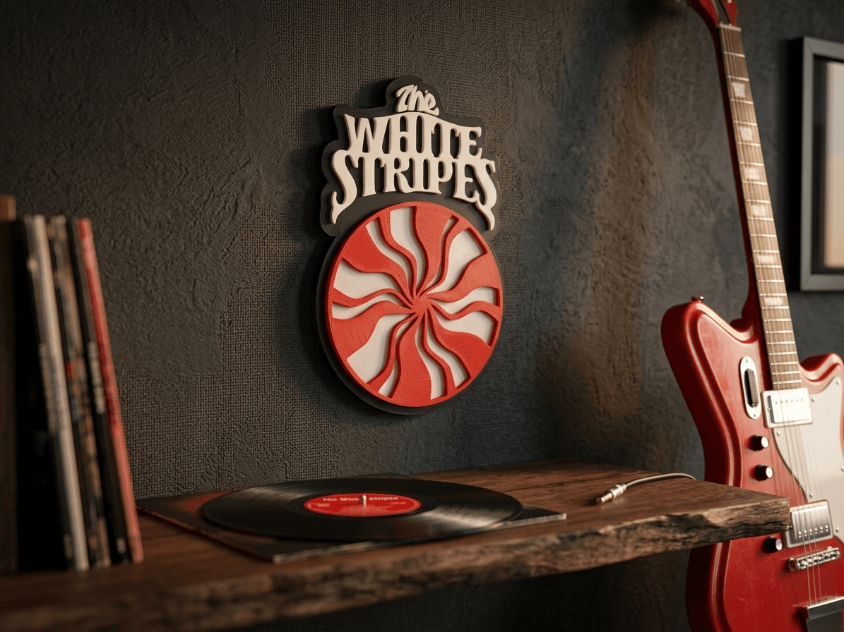 Placa The White Stripes montada na parede ao lado de guitarra e disco de vinil
