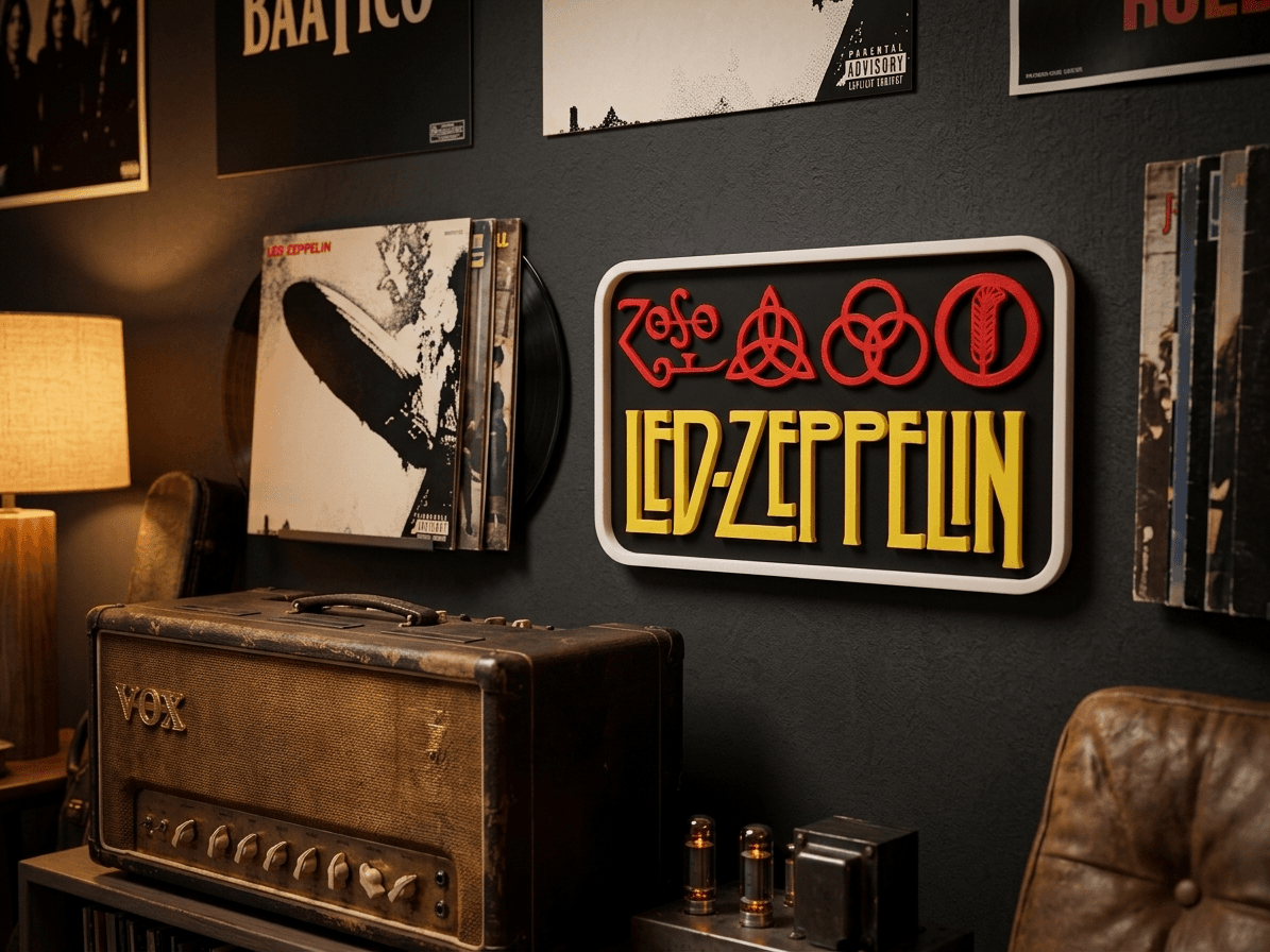 Placa Led Zeppelin na parede com discos de vinil