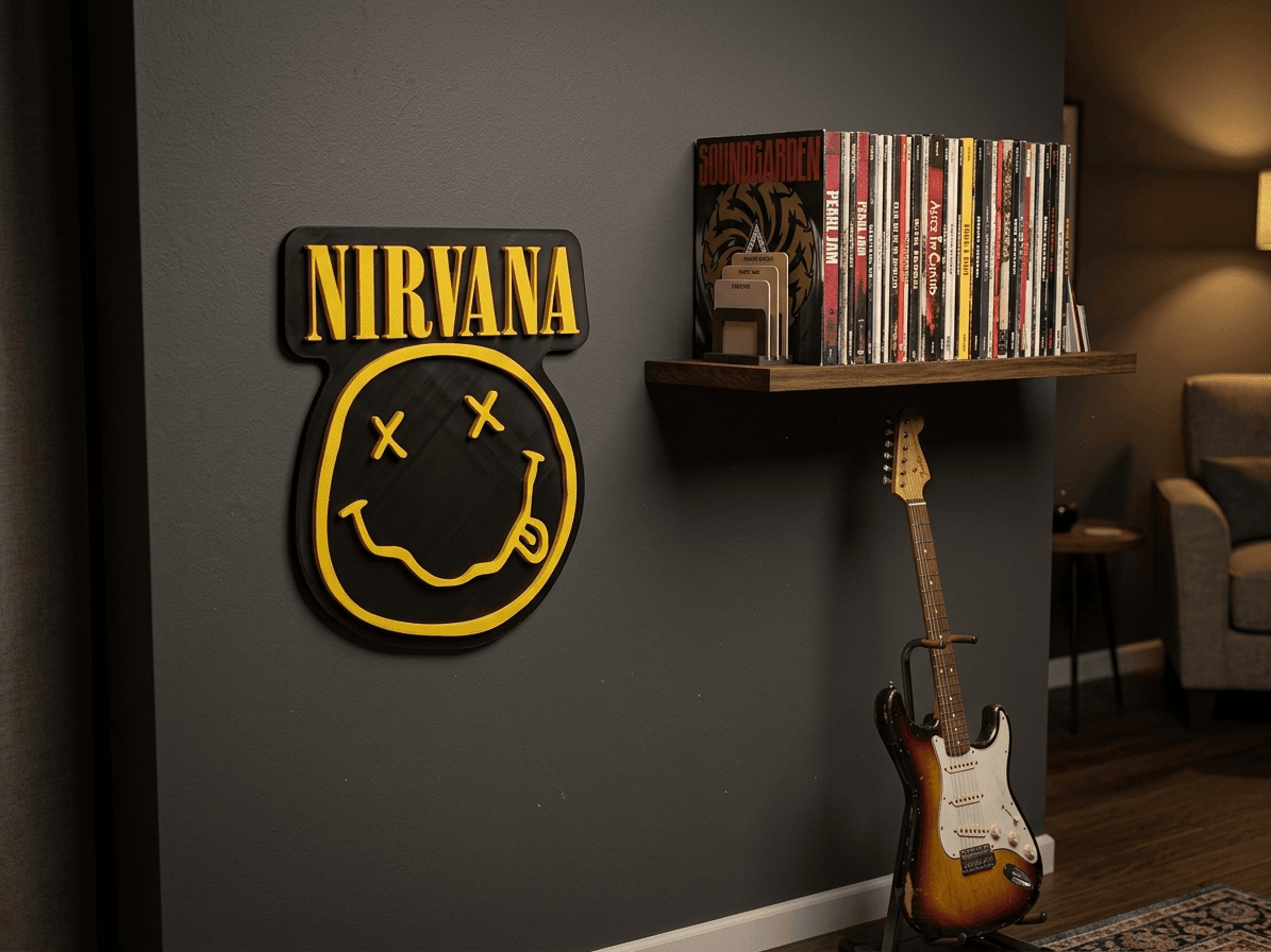 Placa Nirvana na parede com discos de vinil e guitarra