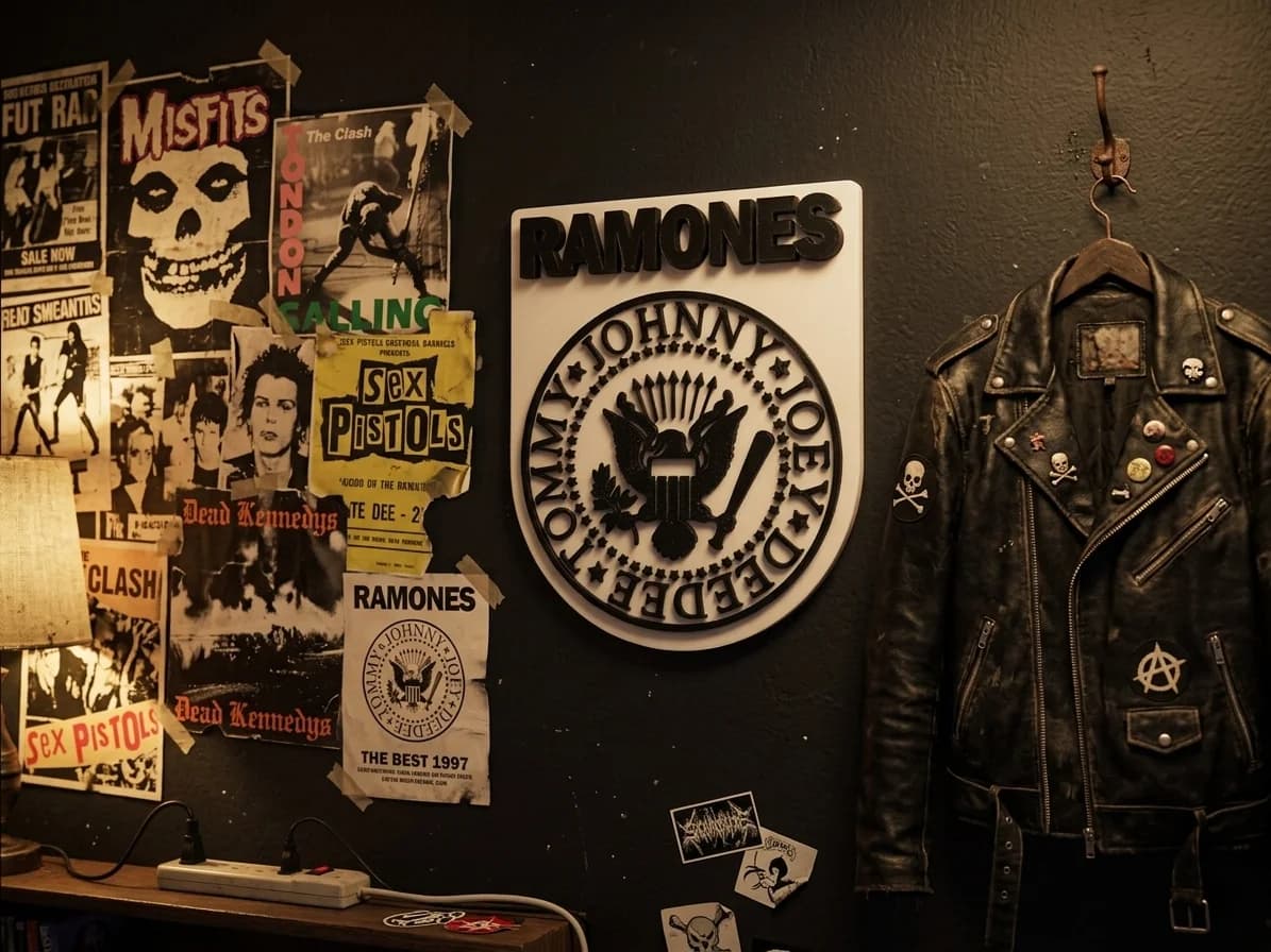 Placa Brasão Punk na parede com posters punk