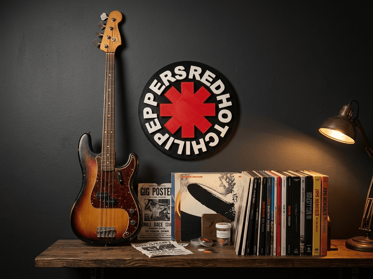 Placa RHCP na parede com baixo e discos de vinil