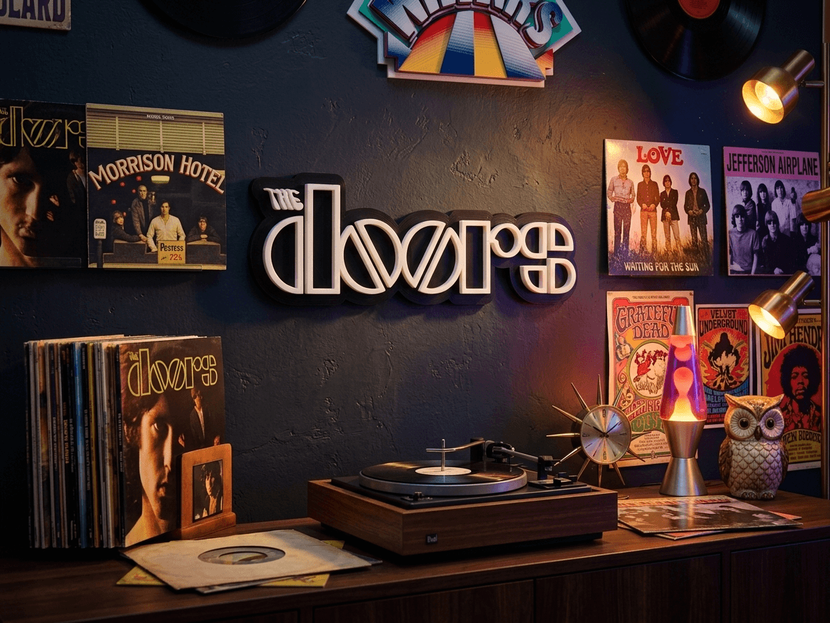 Placa The Doors na parede com decoração vintage